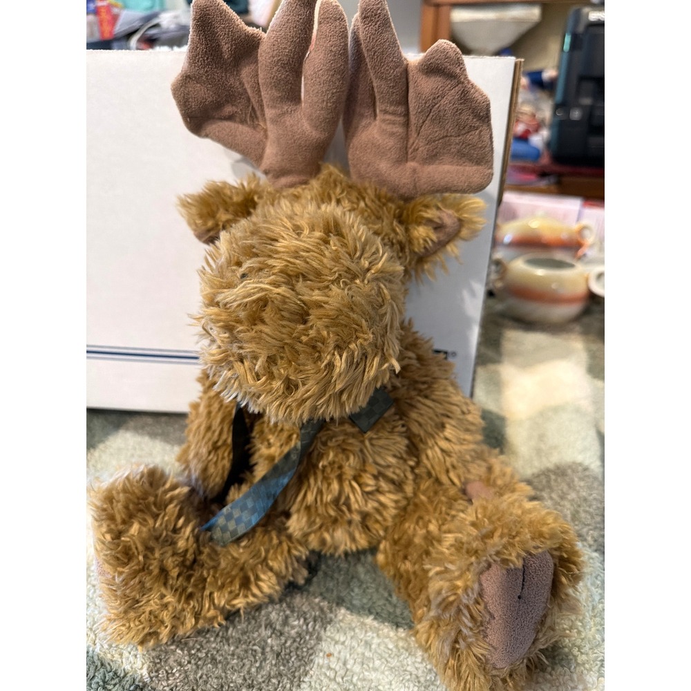 Boyds Collection Moose Plush Shaggy Brown Stuffed Animal Blue Checkered Tie 10in